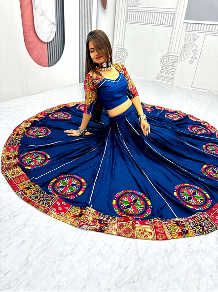 Blue Cotton lehenga with patchwork