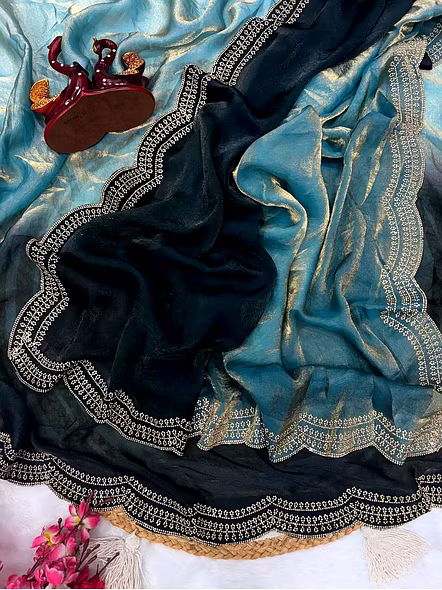 cyan designer silk saree