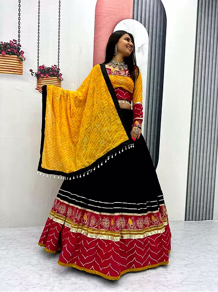 Navratri Special Rayon Cotton Lehenga Choli Set-Black-XL