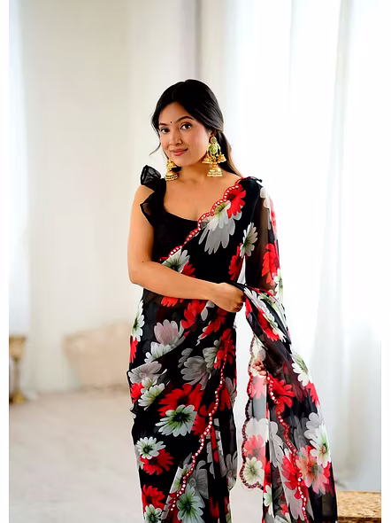 Black printed georgette fabric