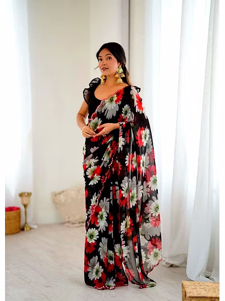 Black georgette flower print saree