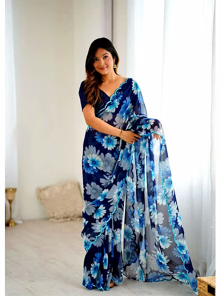 Blue printed georgette saree