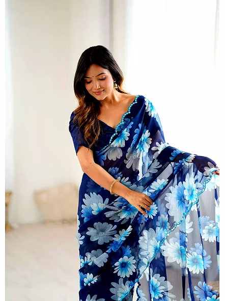 Blue georgette flower print saree