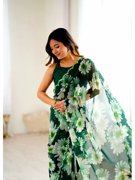 Green georgette flower print saree