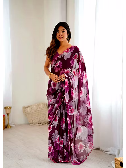 Purple printed georgette saree