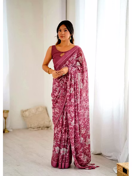 Pink printed georgette saree