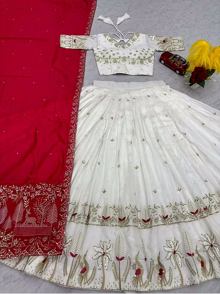 White Navratri Rayon Cotton Lehenga Choli