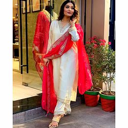 shiv weave viscose white salwar with red dupatta