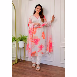 shiv weave organza embroidered floral print straight kurta set