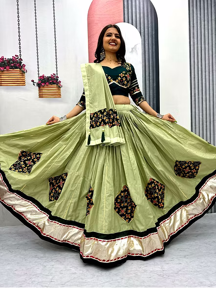 Green Pure cotton lehenga for Garba
