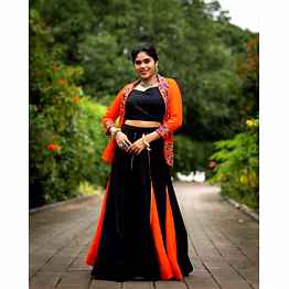 shiv black and orange lehenga set with koti and blouse