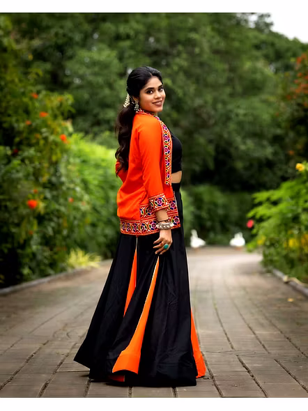 Black and Orange Lehenga Set with Koti and Blouse-Orange