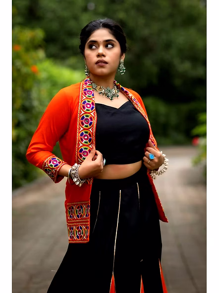 Black and Orange Lehenga Set with Koti and Blouse-Orange-2