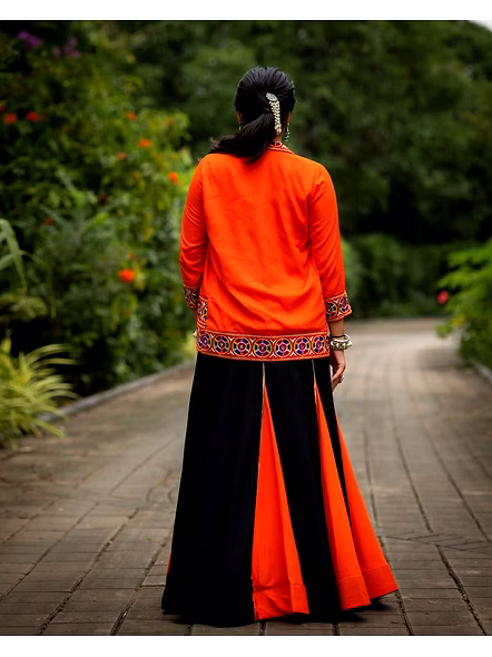 Black and Orange Lehenga Set with Koti and Blouse-Orange-3