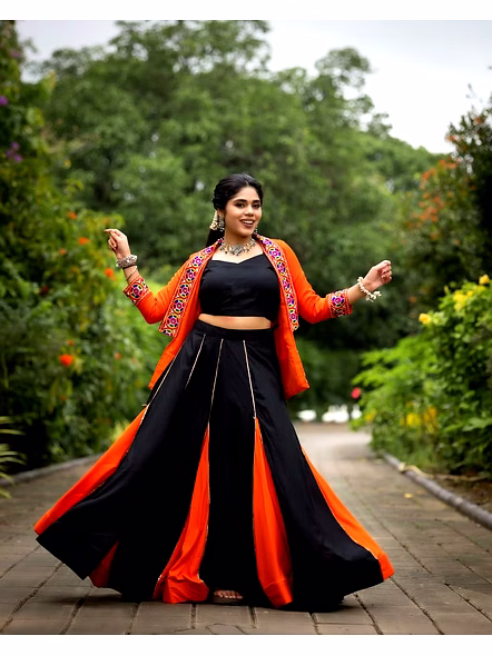 Black and Orange Lehenga Set with Koti and Blouse-Orange-4