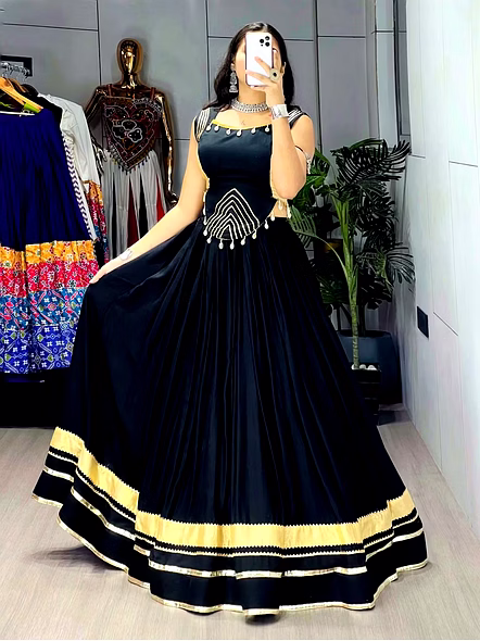 Pure Rayon Cotton Navratri Lehenga Choli with Gotta Patti Zigzag Patti-Black-2