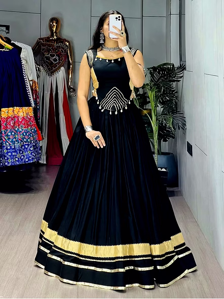 Pure Rayon Cotton Navratri Lehenga Choli with Gotta Patti Zigzag Patti-Black-3