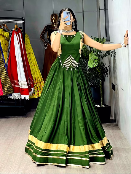 Pure Rayon Cotton Navratri Lehenga Choli with Gotta Patti Zigzag Patti-Green-1
