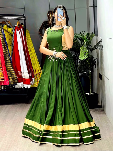 Pure Rayon Cotton Navratri Lehenga Choli with Gotta Patti Zigzag Patti-Green-2