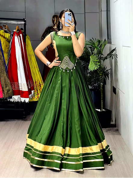 Pure Rayon Cotton Navratri Lehenga Choli with Gotta Patti Zigzag Patti-Green-3