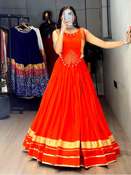 Pure Rayon Cotton Navratri Lehenga Choli with Gotta Patti Zigzag Patti-Orange-1