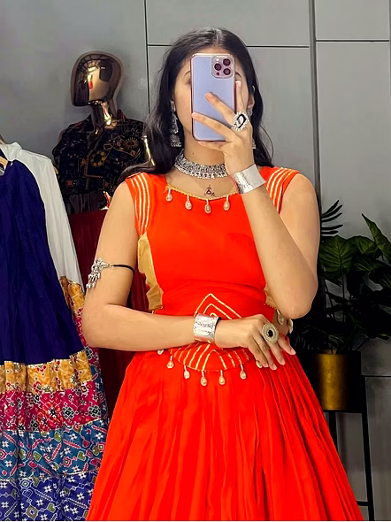 Pure Rayon Cotton Navratri Lehenga Choli with Gotta Patti Zigzag Patti-Orange-3