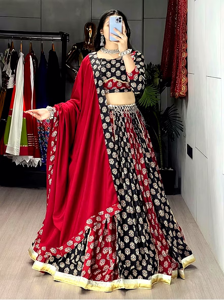 Maroon Black Pure Rayon Cotton Navratri Lehenga Choli