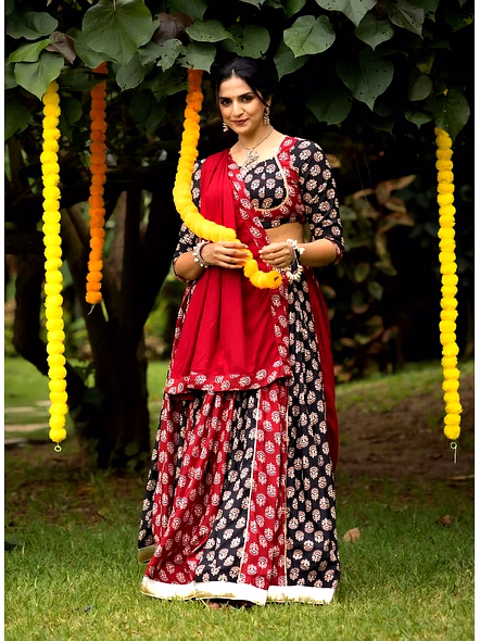 Maroon Black Pure Rayon Cotton Navratri Lehenga Choli-Black