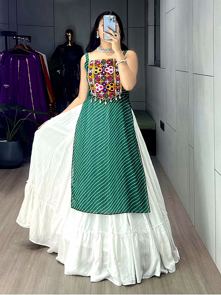 Stylish Mirror Work Navratri Lehenga Choli with Jacket-Green-1