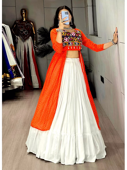 Stylish Mirror Work Navratri Lehenga Choli with Jacket-Orange-3