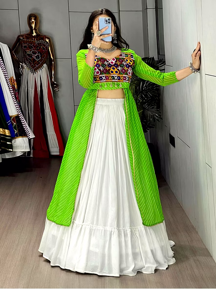 Stylish Mirror Work Navratri Lehenga Choli with Jacket-Green-1