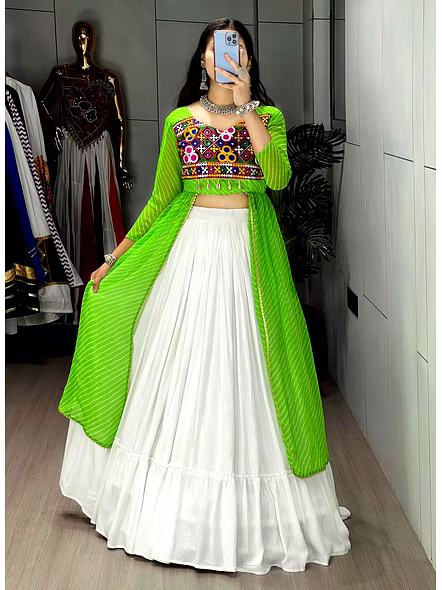 Stylish Mirror Work Navratri Lehenga Choli with Jacket-Green-2