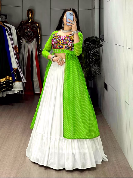 Stylish Mirror Work Navratri Lehenga Choli with Jacket-Green-3
