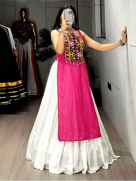 Stylish Mirror Work Navratri Lehenga Choli with Jacket-Pink-2