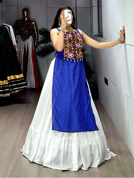 Stylish Mirror Work Navratri Lehenga Choli with Jacket-Blue-2