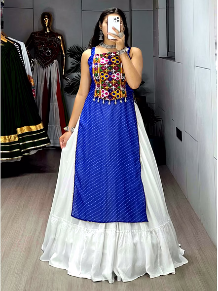 Stylish Mirror Work Navratri Lehenga Choli with Jacket-Blue-3