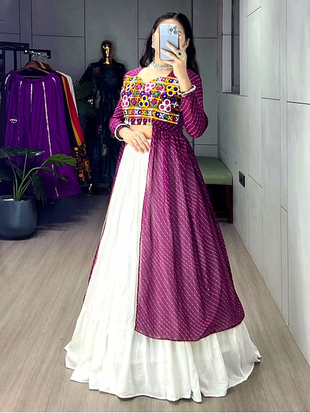 Stylish Mirror Work Navratri Lehenga Choli with Jacket-Puple-1