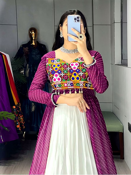 Stylish Mirror Work Navratri Lehenga Choli with Jacket-Puple-3