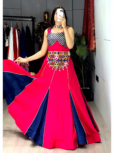 Two Toned Lehenga with Gota Patti Stripes-Pink-2