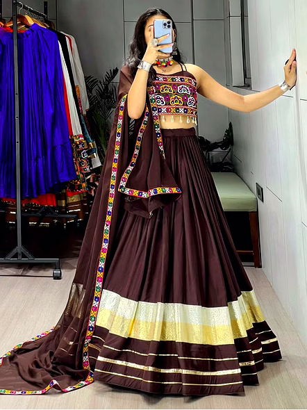 Pure Rayon Cotton Gamthi with Real Mirror Work-Brown