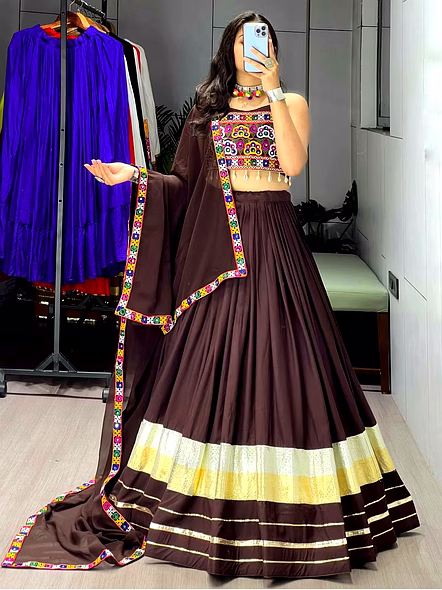 Pure Rayon Cotton Gamthi with Real Mirror Work-Brown-2