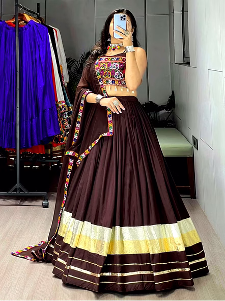 Pure Rayon Cotton Gamthi with Real Mirror Work-Brown-3
