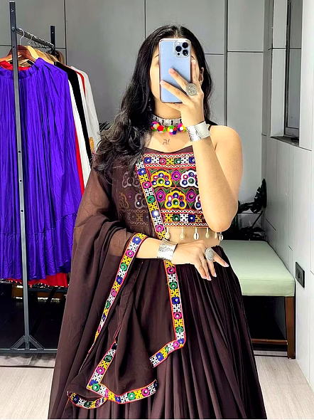 Pure Rayon Cotton Gamthi with Real Mirror Work-Brown-4