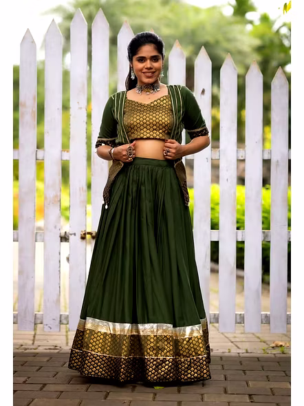 Pure Rayon Cotton Navratri Lehenga Choli with Gotta Patti Zigzag Patti-Mahendi