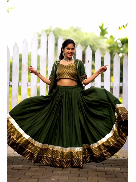 Pure Rayon Cotton Navratri Lehenga Choli with Gotta Patti Zigzag Patti-Mahendi-2