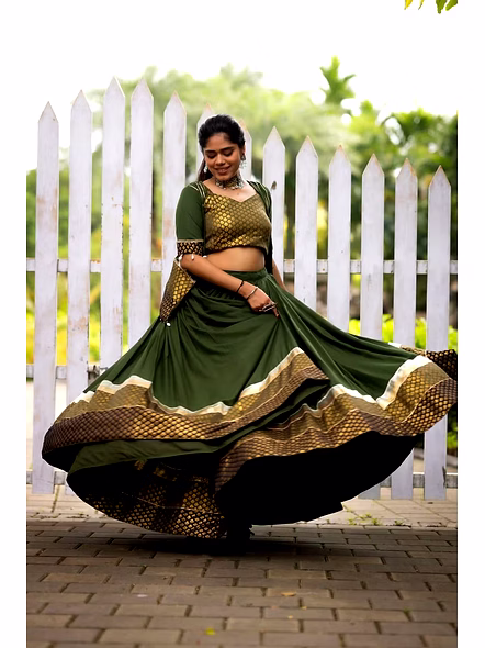 Pure Rayon Cotton Navratri Lehenga Choli with Gotta Patti Zigzag Patti-Mahendi-3