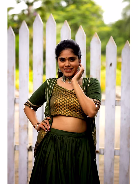 Pure Rayon Cotton Navratri Lehenga Choli with Gotta Patti Zigzag Patti-Mahendi-5