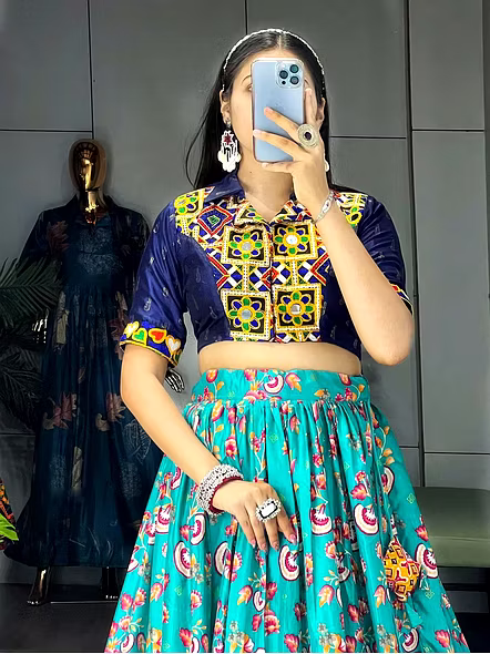 Soft Silk Lehengas with Gamthi Work and Real Mirror