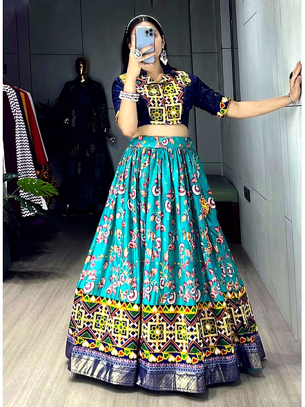 Soft Silk Lehengas with Gamthi Work and Real Mirror-Cyan-3