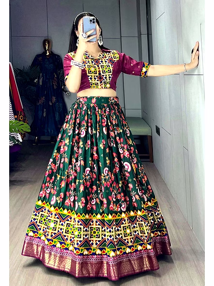Soft Silk Lehengas with Gamthi Work and Real Mirror-Green-3